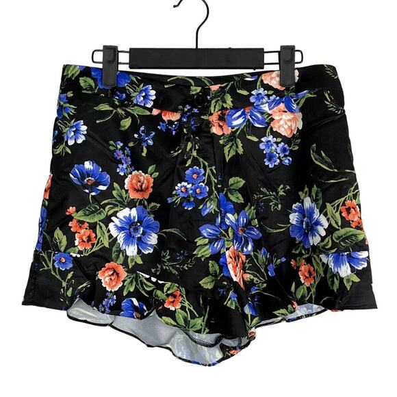 NWT Cute Floral Print Ruffled High Waist Silky Feel Button Zip Up Shorts L Black - Picture 1 of 15